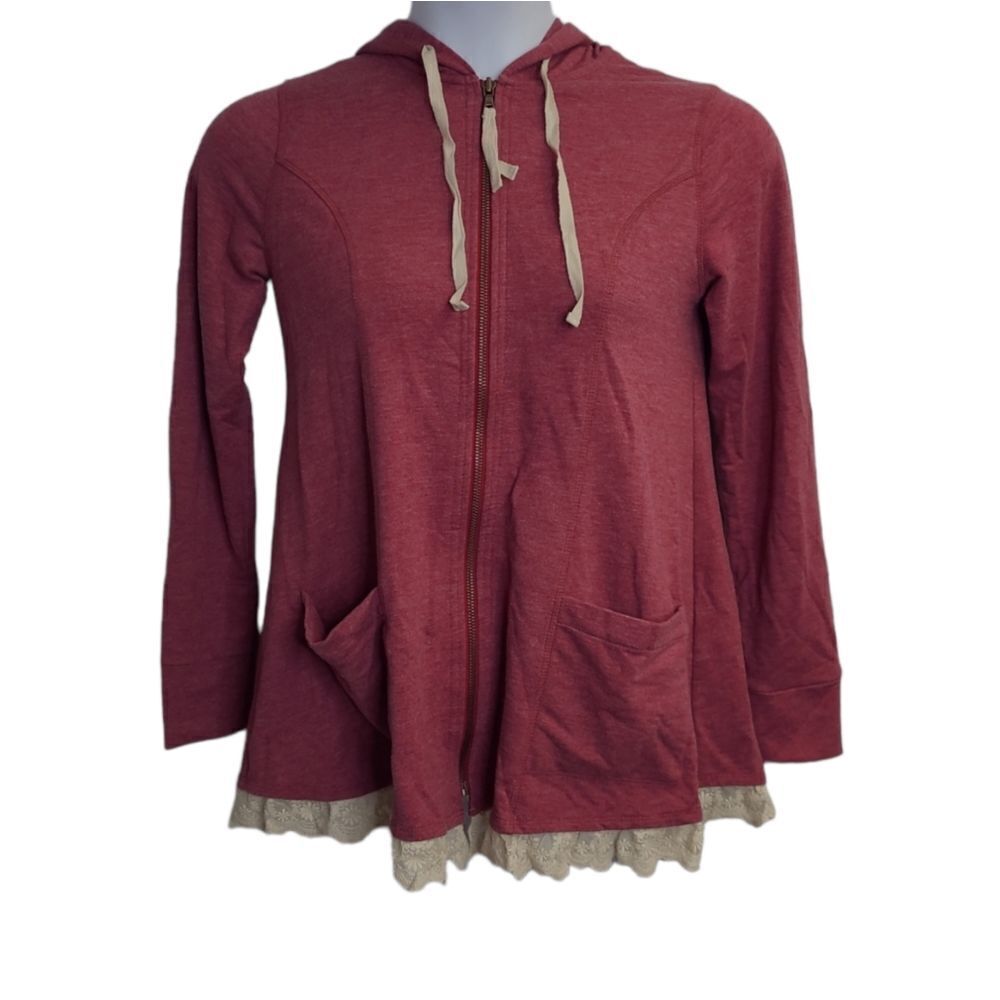 LOGO maroon lace trim hooded tunic zip up cottagecore sweatshirt XS